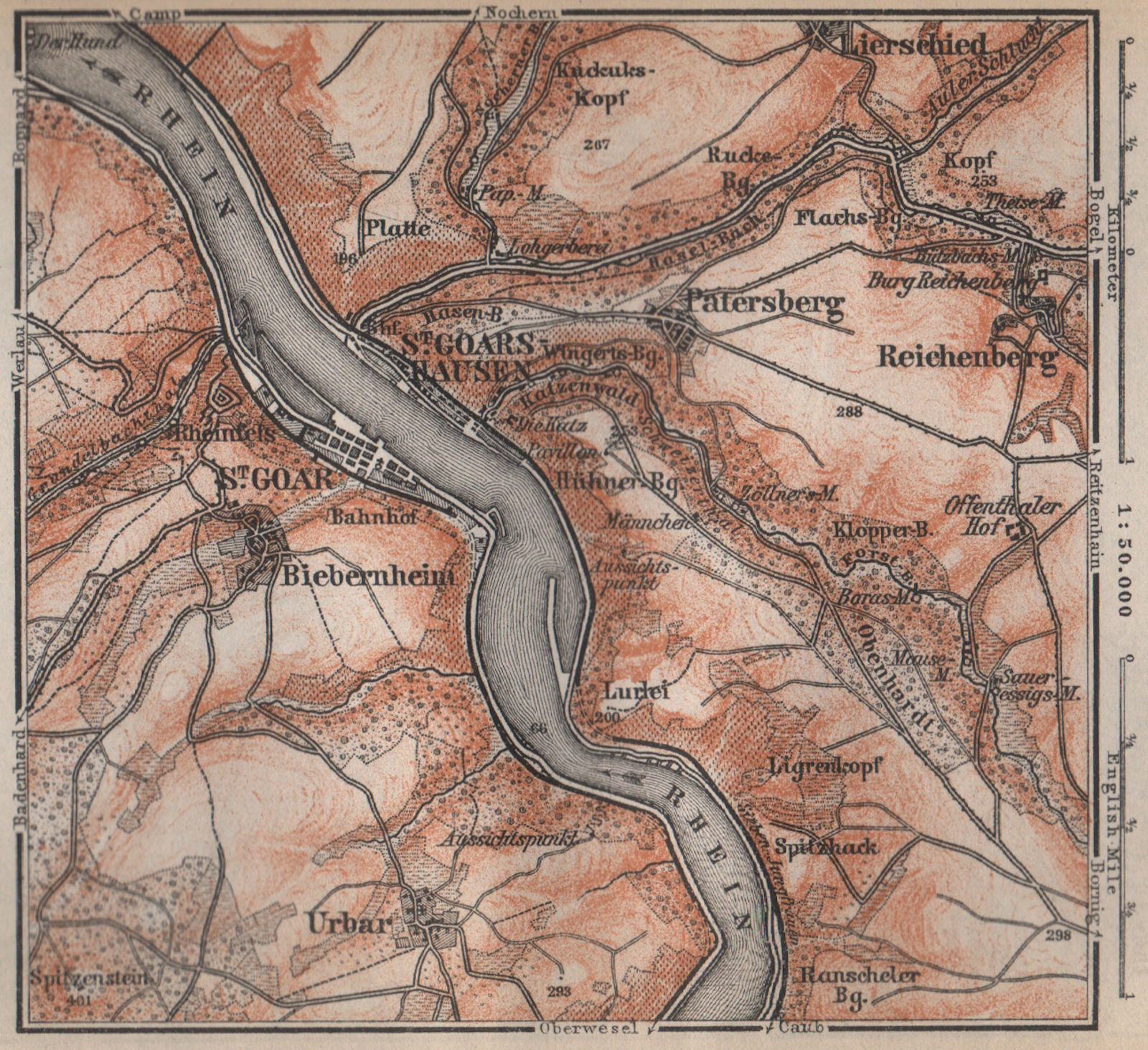 SANKT GOAR ST GOARSHAUSEN Oberes Mittelrheintal Rhine Gorge karte SMALL 1896 map